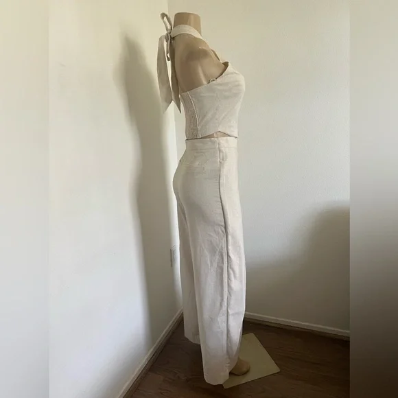 Chic Linen Blend 2-Piece Set | Halter Crop Top & Wide Leg Pants Size Small - Picture 2 of 9